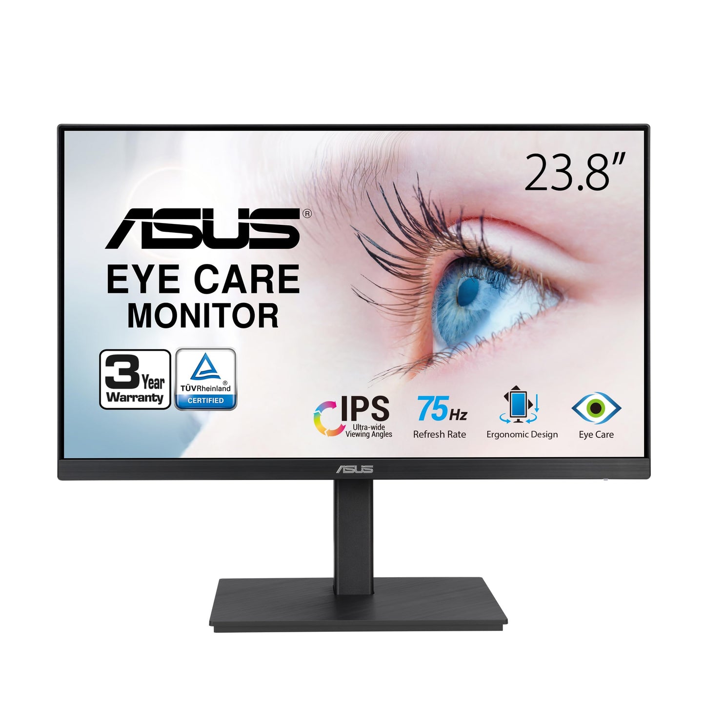 ASUS 24” 1080P Monitor (VA24EQSB) - Full HD, IPS, 75Hz, Built-in Speakers, Eye Care, Low Blue Light, Flicker Free, VESA Mountable, Height Adjustment, Frameless, DisplayPort, HDMI, VGA, USB Hub,Black