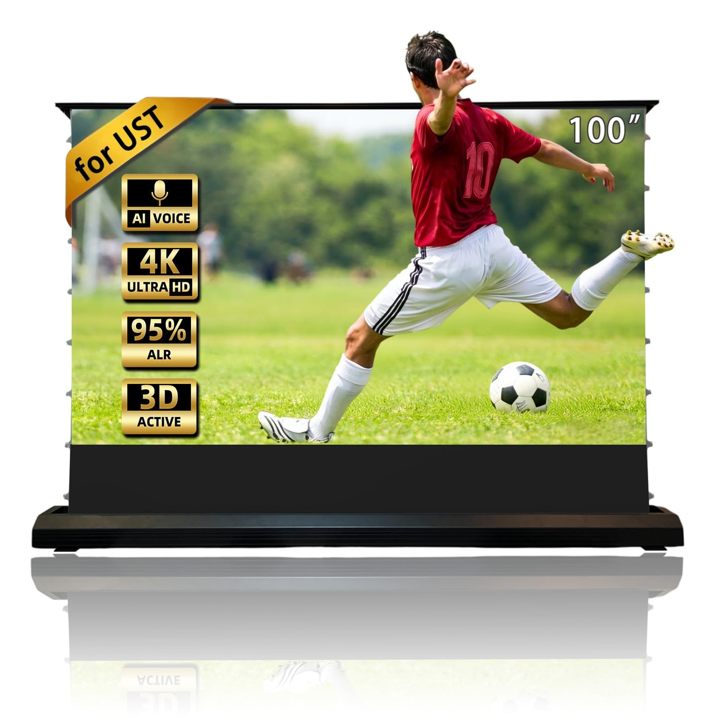 VeezuJoyz 100 inch HBSI V2.0 Motorized Floor-Rising ALR Projection Screen for UST Projector, 16:9 4K/8K UHD, Smart App & Voice Control, Quiet Lift, Cinematic Home Theater & Professional Office