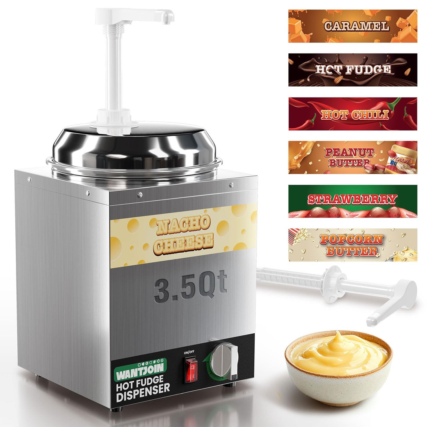 WantJoin Nacho Cheese Dispenser with Pump - 3.5Qt Nacho Cheese Warmer,Stainless Steel Hot Fudge Warmer W/5-Level Temperature Adjustment,Commercial Hot Fudge Dispenser for Hot Fudge Cheese Caramel