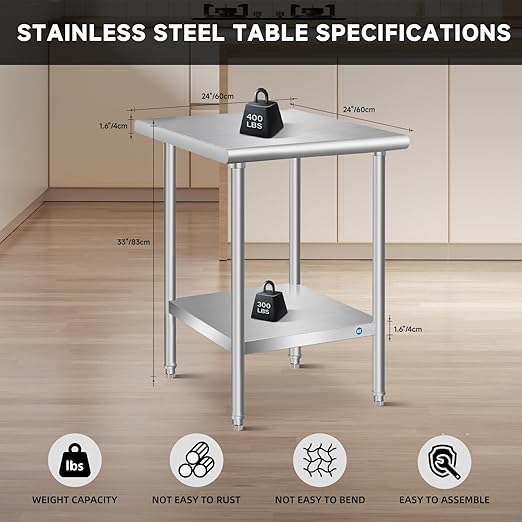 PIUMACU Stainless Steel Table, Stainless Table for Prep & Work, 24 x 24 x 33 Inch Commercial NSF Metal Table for Restaurant Kitchen Hotel Garage Space Expansion