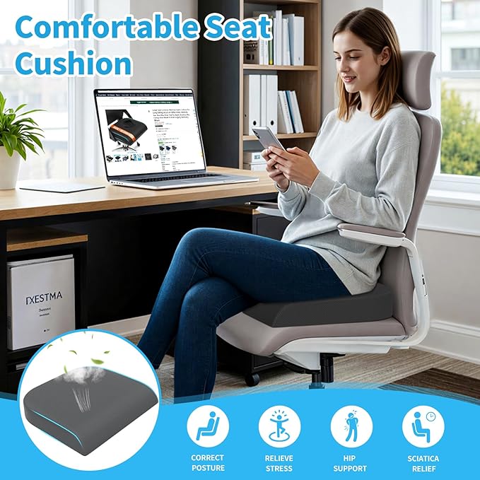 TranquilRelax Large Seat Cushion, Soft Foam Cushion for Long Sitting Hours on Office Chair, Home & Car, Non-Slip Chair Pad for Relieving Back & Sciatica & Hip & Coccyx Pain (Grey)