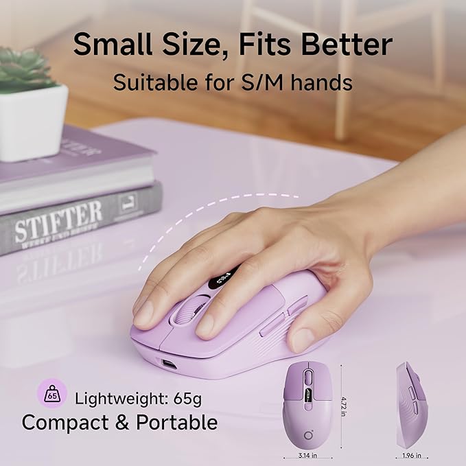 EWEADN Q1 Wireless Mouse, BT & 2.4G Silent Mouse Quiet Click with 1600 DPI Levels, Battery & DPI LED Screen Display, 6 Button Small Portable Bluetooth Mouse for Laptop/PC/Mac-Purple