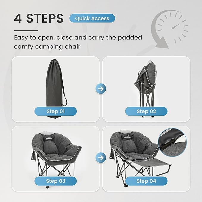 OUTDOOR LIVING SUNTIME Oversized Padded Comfy Camping Chair with Removable Footrest，Weight Capacity 400 LBS, Heavy Duty Moon Round Leisure Folding Chair for Camping, Hiking, Carry Bag, Gray