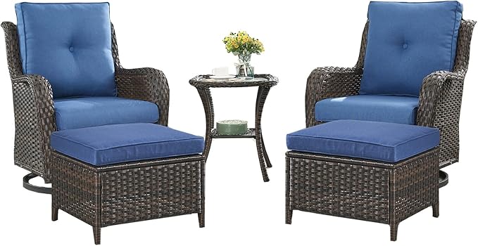 Rilyson Patio Furniture Swivel Chairs Set - 5 PC Wicker Rattan Outdoor Sectional Conversation Sets with 2 Swivel Rocking Chairs,2 Ottomans and 1 Side Table for Porch Deck(Brown/Blue)