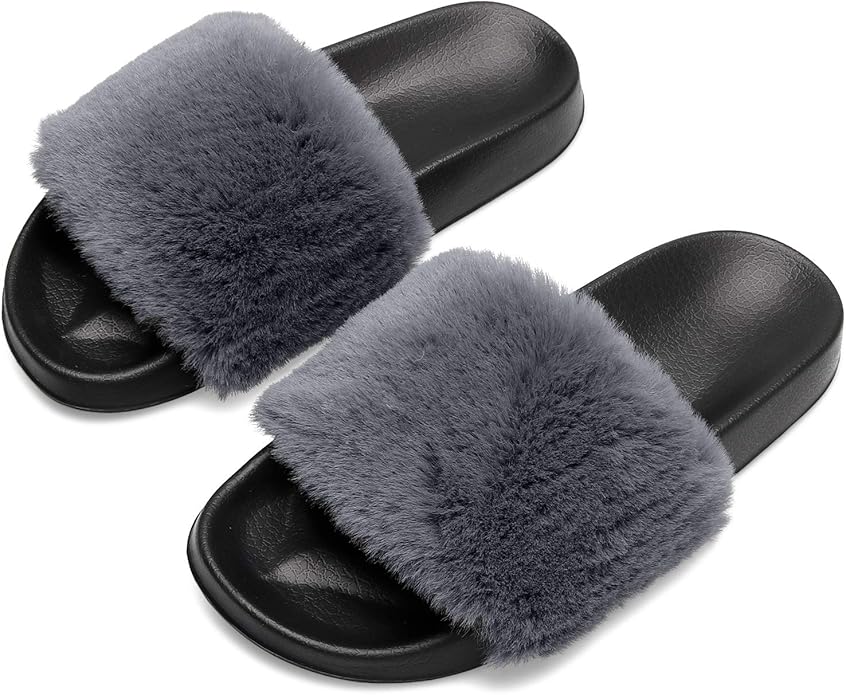 Spesoul Womens Fuzzy Slides Open Toe Furry Slide Slippers Indoor Outdoor Slides Sandals Casual Flat Fluffy House Slippers