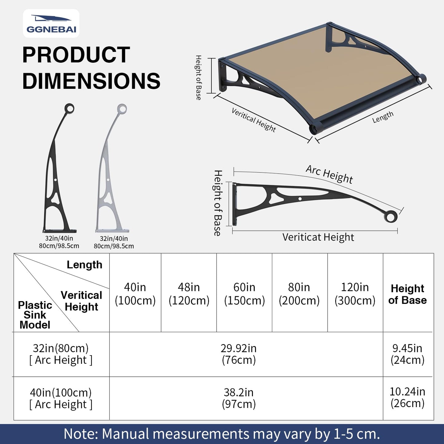 Door Awning Window Canopy Exterior,40x80 Inches Awnings for Doors Polycarbonate Cover Patio Door Awning UV Rain Snow Sunlight Protection Solid Sheet Aluminum Bracket with Sink
