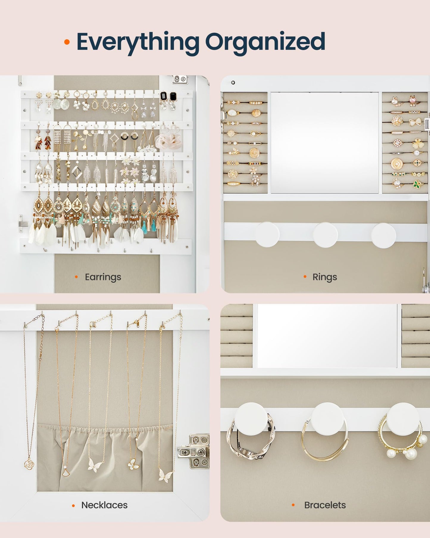 SONGMICS HOME Jewelry Armoire, Mirror Jewelry Cabinet, Full Length Mirror with Storage, Wall or Over The Door Jewelry Organizer Cabinet, Built-in LED, Lockable Armoire, White