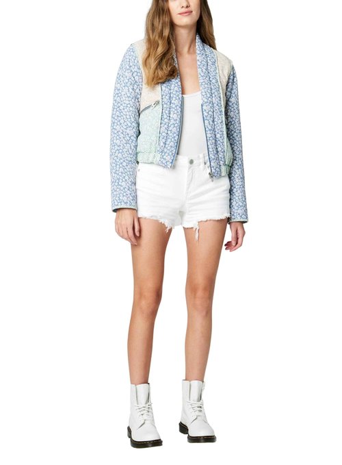 [BLANKNYC] Womens Luxury Clothing Patch Work Floral Denim Jacket, Comfortable & Stylish Coat, Summer Romance, Large