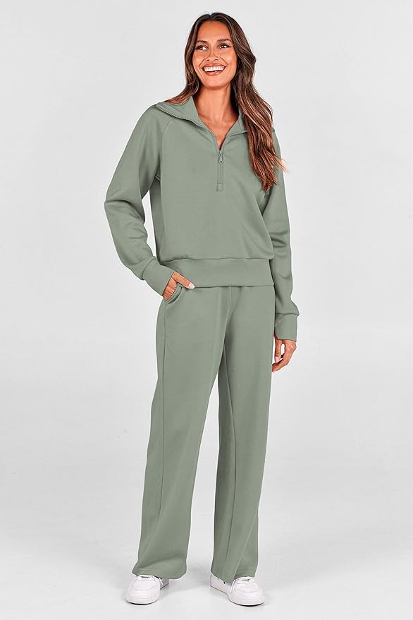 PRETTYGARDEN Women's 2 Piece Outfits Casual Lapel Half Zip Sweatshirts and Wide Leg Pants Tracksuit Sets