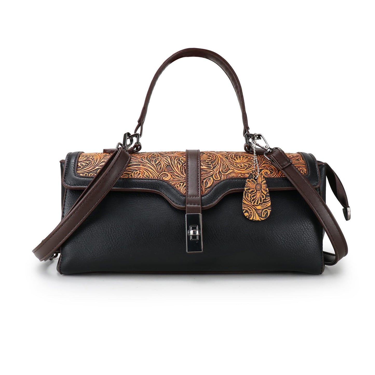 Purse and Handbags for Women Vegan Leather Shoulder Hand Bags Top Handle Satchel Vintage Embossing Pattern (Black)