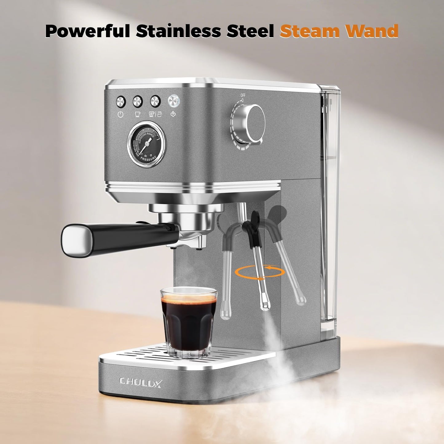 CHULUX Elite Espresso Machine with Milk Frother, Compact Hot and Ice Expresso Coffee Maker for Cappuccino, Latte and Americano, 20 Bar Italian High Pressure Pump, Metallic Gray
