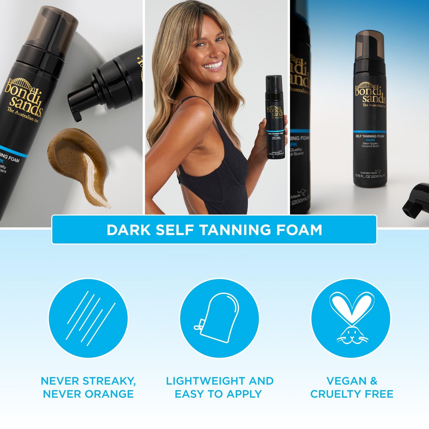 Bondi Sands Dark Self Tanning Foam | Lightweight, Self-Tanner Foam Enriched with Aloe Vera and Coconut Provides an Even, Streak-