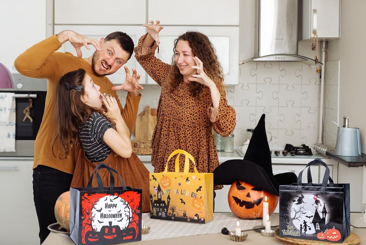 XiaosRen 8Pcs Multifunctional Non-Woven Tote Bags with Handles, Large Reusable Happy Halloween Bags for Gifts, Party Supplies, 12.6x10x6.7