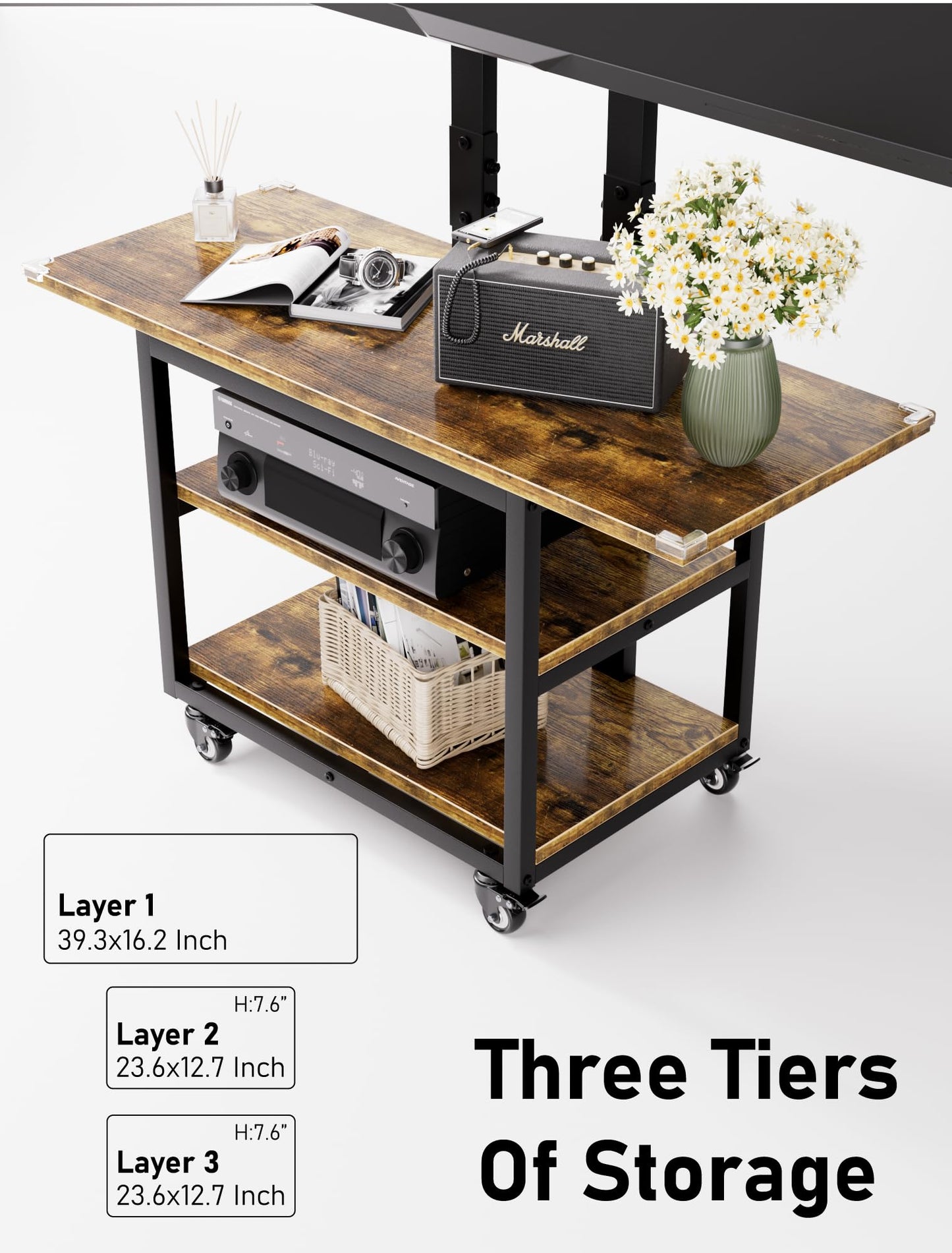 EZISE Heavy Duty Mobile TV Cart with 3-Tier Shelves, Height Adjustable Rolling TV Stand for 32-75 inch TVs up to 150 lbs, Portable TV Stand with Wheels for Home & Office, Max VESA 600×400mm(Retro)