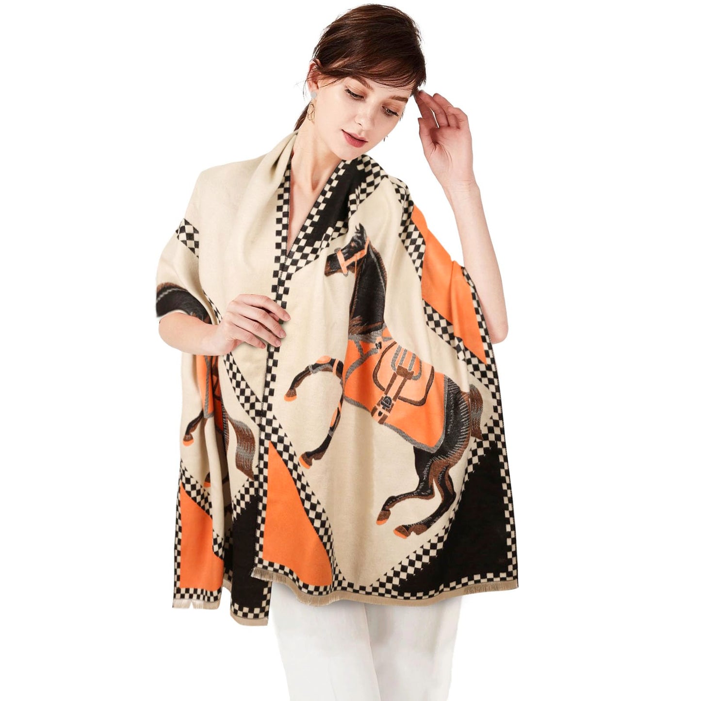 Aurolran Scarfs for Women Pashmina Silky Shawl Wrap for Evening Dressing Blanket Open Front Poncho Cape (SCF001-Beige-orange-horse)