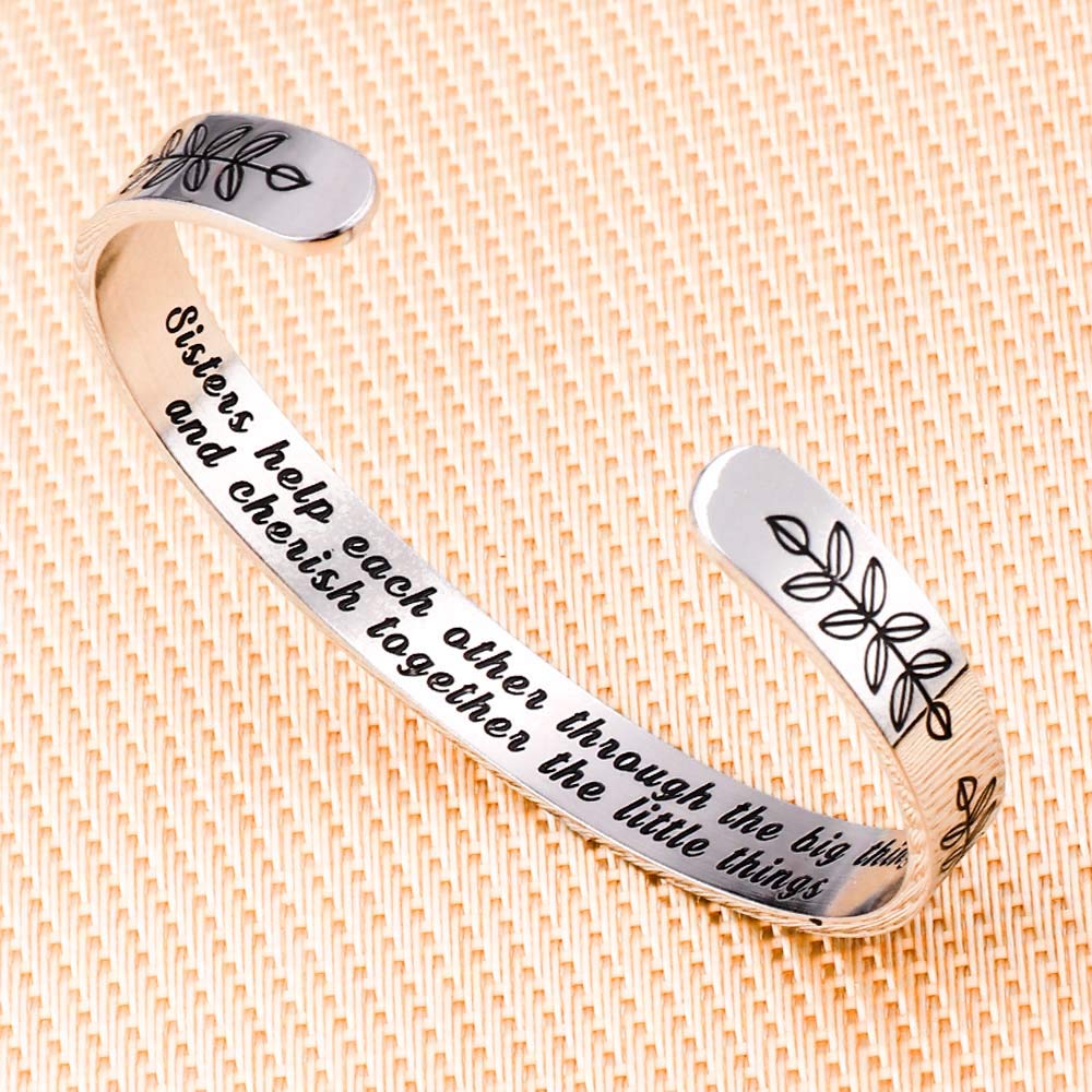 M MOOHAM Engraved Mantra Cuff Bangle Bracelet - Stainless Steel Sister Gifts for Sister's Birthday or Christmas