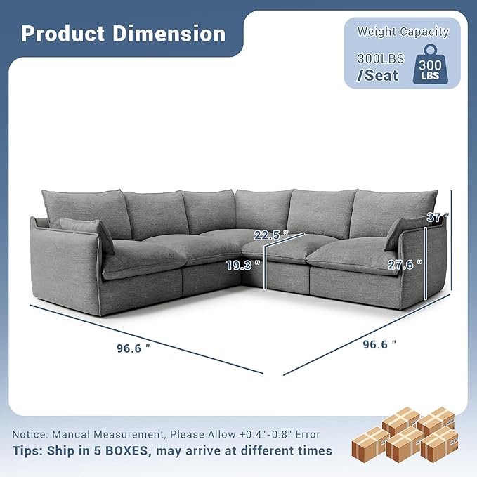 Lopzeho Cloud Modular Sectional Sofa, Waterproof Down Filled Sectional Sofas, High Backrest V Shaped 5 Seater Sectional Couches for Living Room, Modern Modular Couch with Removable Cover, Dark Gray