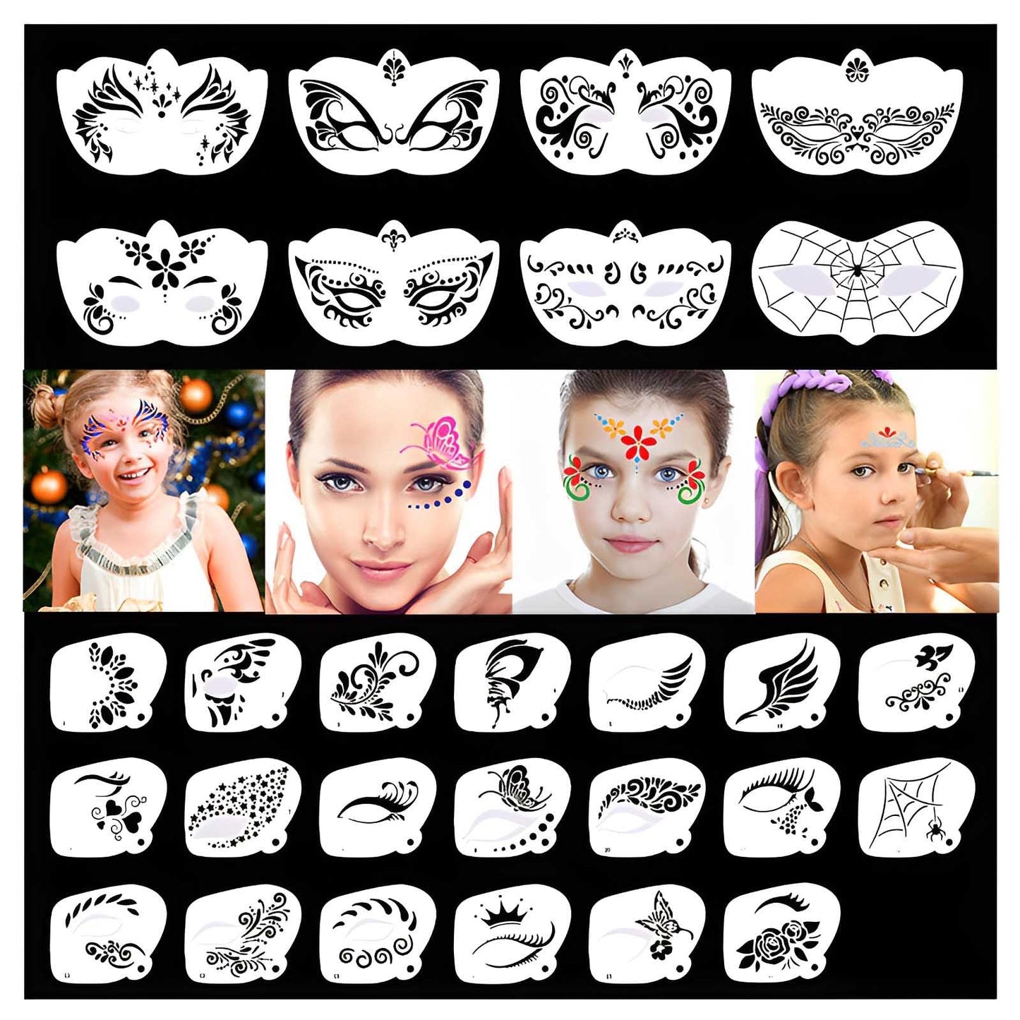 Twpribarn 28 Pcs Face Paint Stencils Kit - Reusable Face Tattoo & Body Makeup Painting Templates for Kids & Adults - Mix01