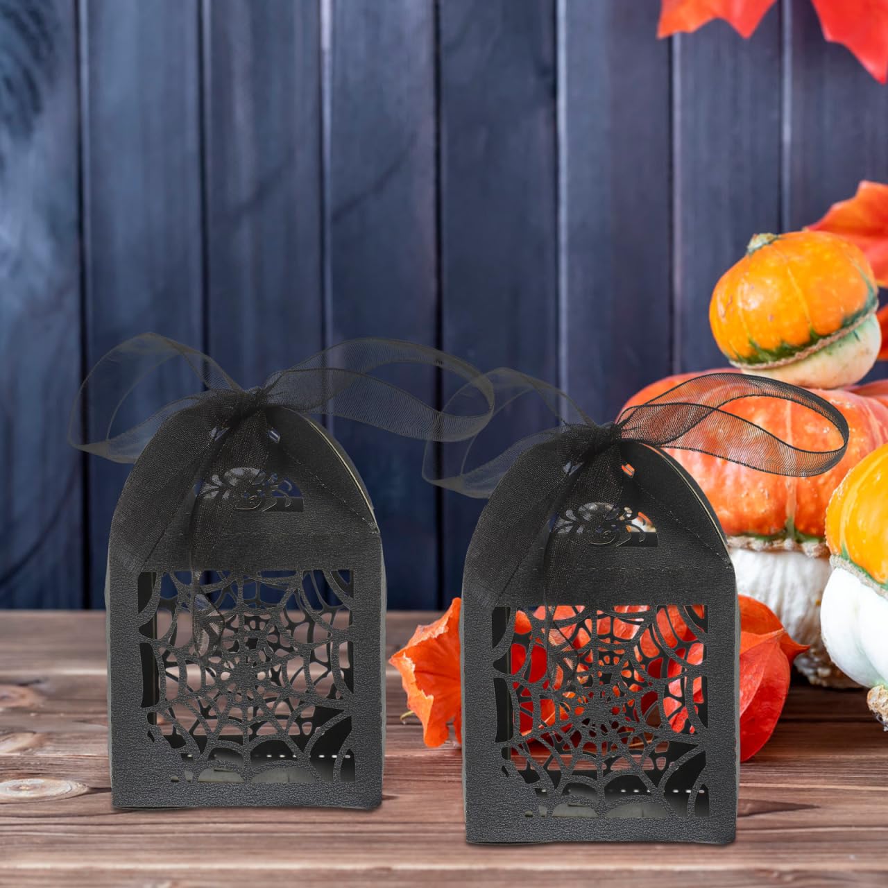 BESTOYARD 50Pcs Halloween Hollow Die-Cut Favor Boxes - Wedding Candy Boxes with Ribbons for Party Candy Packaging, 2X2 Inches