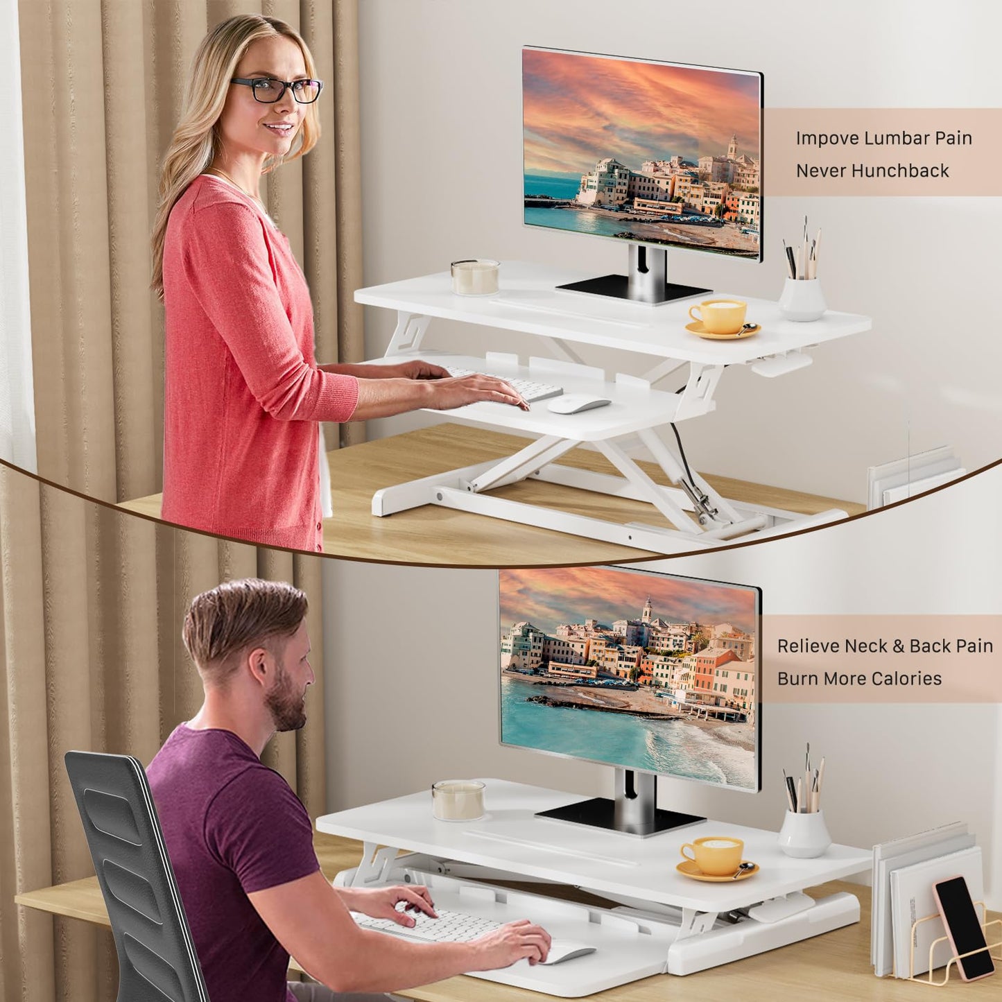 JOY worker Standing Desk Converter, 32" Wide Height Adjustable Sit Stand Up Desk Riser with Keyboard Tray, Desktop Workstation Riser for Home Office Computer Laptop, Particle Board, White