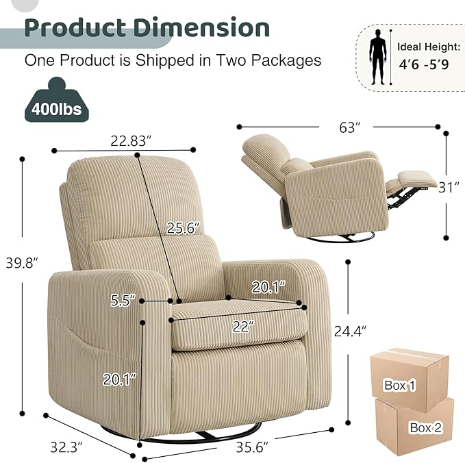 AEMEIOS Swivel Rocker Recliner, Oversized Manual Nursery Glider Rocking Recliner Chair with Removable Cushion, Upholstered Swivel Reclining Chair for Nursery Living Room Bedroom, Corduroy Camel
