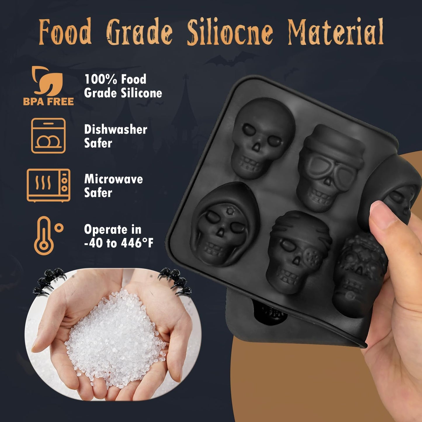 Skull Silicone Molds Halloween 2 Pack 10 Cavity for Chocolate Candy, Freezing Yogurt Wax Melts 3D Tray 5 Head Shapes Food Grade Baking Mould Oven Safe Treat or Trick Kids Homemade DIY Party