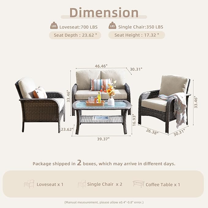 CAODOC 4-Piece Wicker Patio Furniture Set, All-Weather Rattan Conversation Bistro Loveseat Chair and Table Set for Backyard, Balcony and Deck with Soft Cushions and Metal Table(Tan)