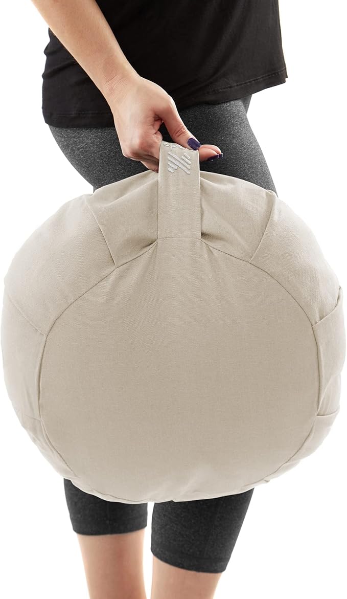 Node Fitness Zafu Meditation Cushion, 15" Round Buckwheat Yoga Pillow with Organic Cotton Cover - Natural