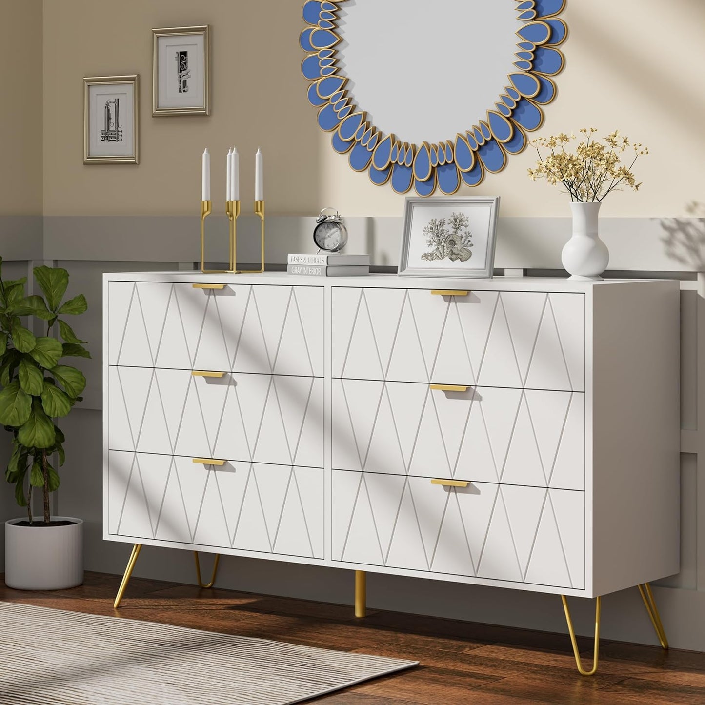 Anbuy Bedroom Sets White Sets 3 Piece, Night Stand Sets and Large 6 Drawer Dresser for Bedroom, Two Drawers Nightstand Set of 2 & 6 Drawer Dresser Combo 3 Pieces (White)