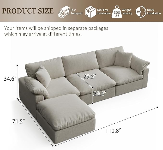 Forest aesthetics Modular Sectional Sofa Cloud Couch,Down Filled Comfy Cloud Modern Sofa,Light Beige Linen L Shape Oversized Couch Cushion Covers Removable Furniture for Living Room