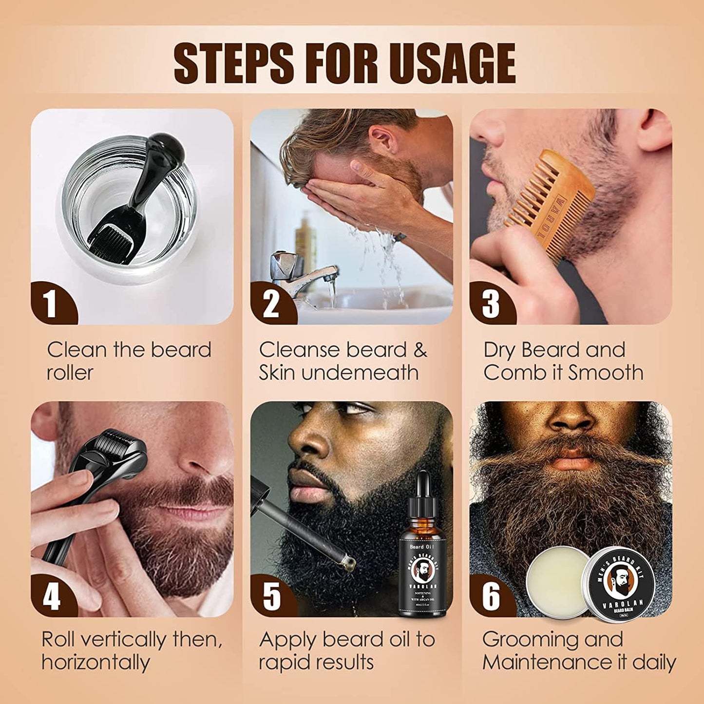 Varolan Beard Growth and Grooming Kit - Growth Oil (2Oz), Balm, Comb, E-book, Storage Bag, Mustache Mens Gift Set for Him