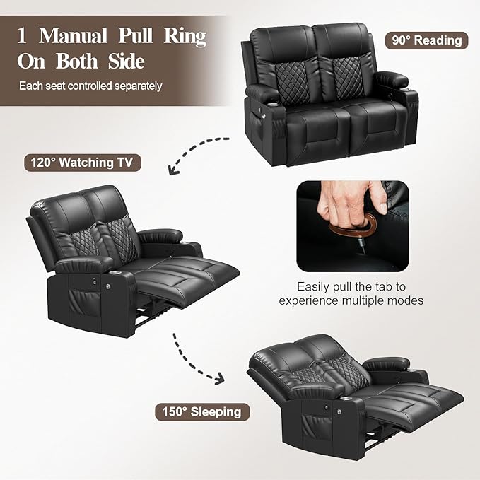 FURNIMAT Loveseat Recliner Sofa Set with 2+1+1 Pieces, 2 Seater Reclining Loveseat Couch with USB Ports, Cell Phone Holders, 2 Recliner Chairs with Vibration Massage and Heat, Living Room, Bedroom, RV