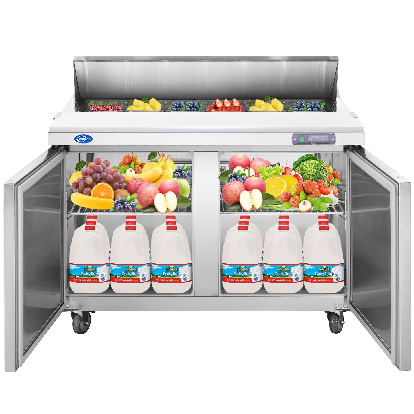 kalifon 72" W 3 Door Refrigerator Sandwich Salad Prep Table Commercial Stainless Steel Fan Cooling Refrigerator with Cutting Board, 3 Shelves & 30 Pans for Restaurant, Bar, Shop-20 Cu.ft