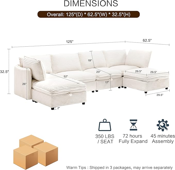 125" Oversized Modular 6 Seater Sofa with Removable Covers and Storage, Convertible U, L-Shaped and Sleeper Sectional, Modern Corduroy Couches with Ottoman Chaise for Living Room, Apartment, White