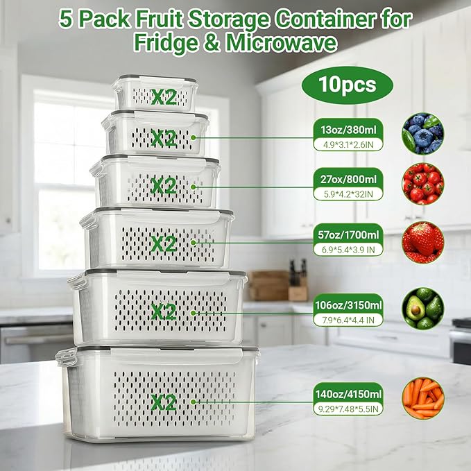 5PCS Fruit Storage Containers for Fridge, Leakproof Produce Containers for Fridge with Removable Colander, All-In-One Fruit Containers Stainers Berry, Fruits, Vegetables, Salad Keeper Local Stock