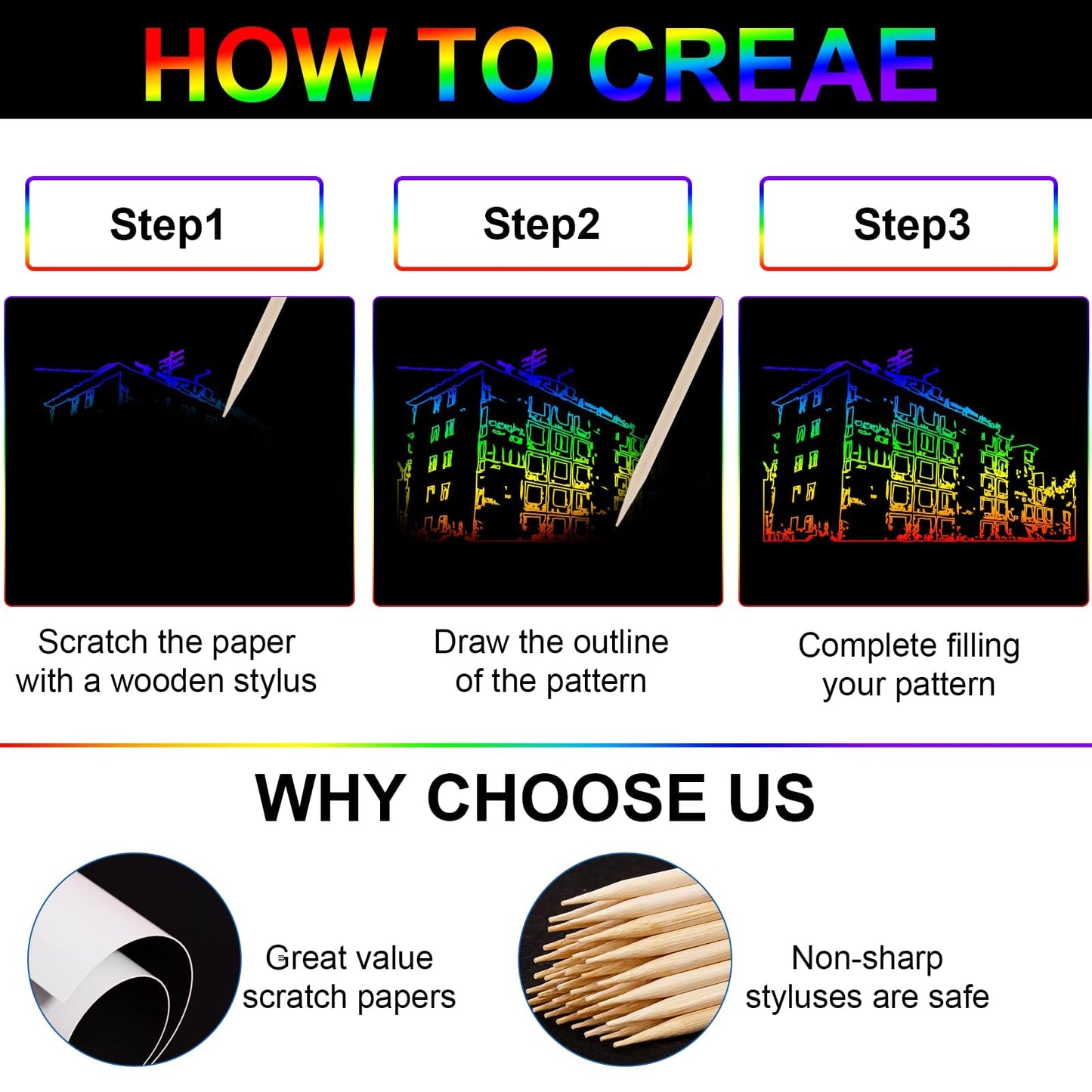 Cityrosy Scratch Art Paper Rainbow Sets 100 Pcs-Black Magic Scratch Off Craft Set for Kids Classroom Supplies Kits for Age 3-12 Kids Party Games