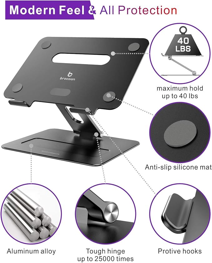 brocoon Adjustable MacBook Laptop Stand for Desk | Ergonomic Aluminum Laptop Riser with Heat-Vent, Compatible for 10-17" Laptops, Dark Black