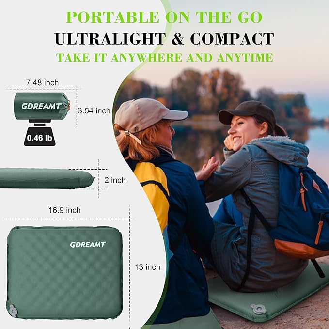 GDREAMT Inflatable Seat Cushion, Self-Inflating Memory Foam Stadium Seats Cushion Lightweight & Compact Chair Sitting Pad Airplane Cushion for Long Flight Travel Outdoor Camping Car Bleachers Office