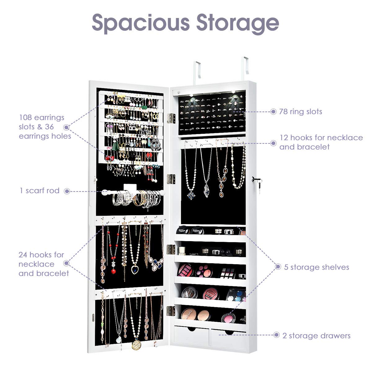 FANTASK Wall/Door Mounted Jewelry Cabinet Armoire, Lockable Armoire Cabinet w/Full Length Mirror, 2 LED Lights, Adjustable Hanging Hooks, Jewelry Organizer for Dressing Make-up (White)