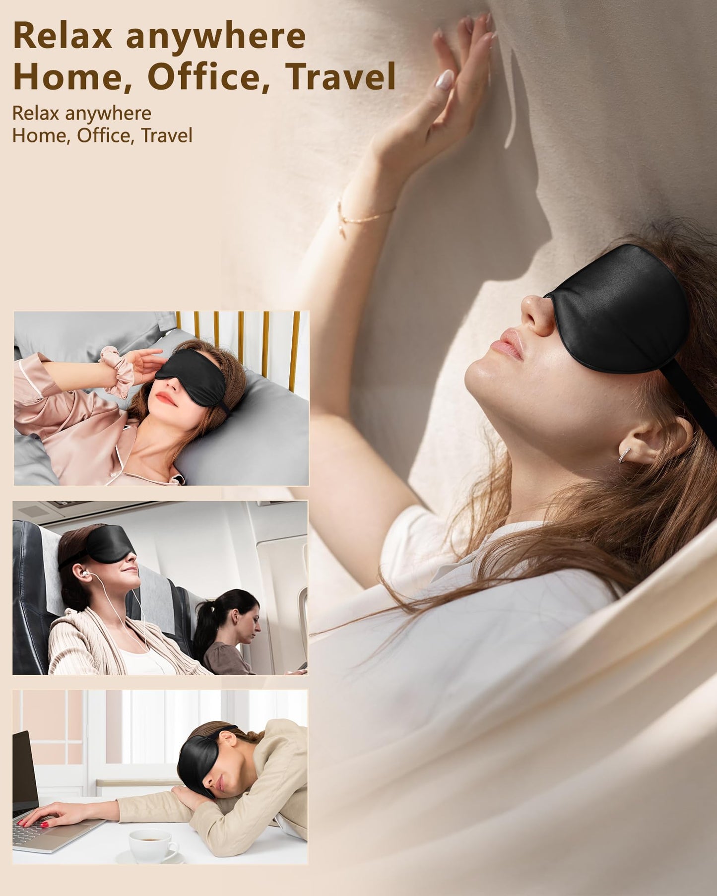 BLSSNZ Silk Sleep Mask for Women and Men - Soft Breathable Organic Natural Mulberry Silk Fabric Blackout Eye Mask with Adjustable Straps No Pressure Eye Mask for Travel Essentials Gifts (Black)