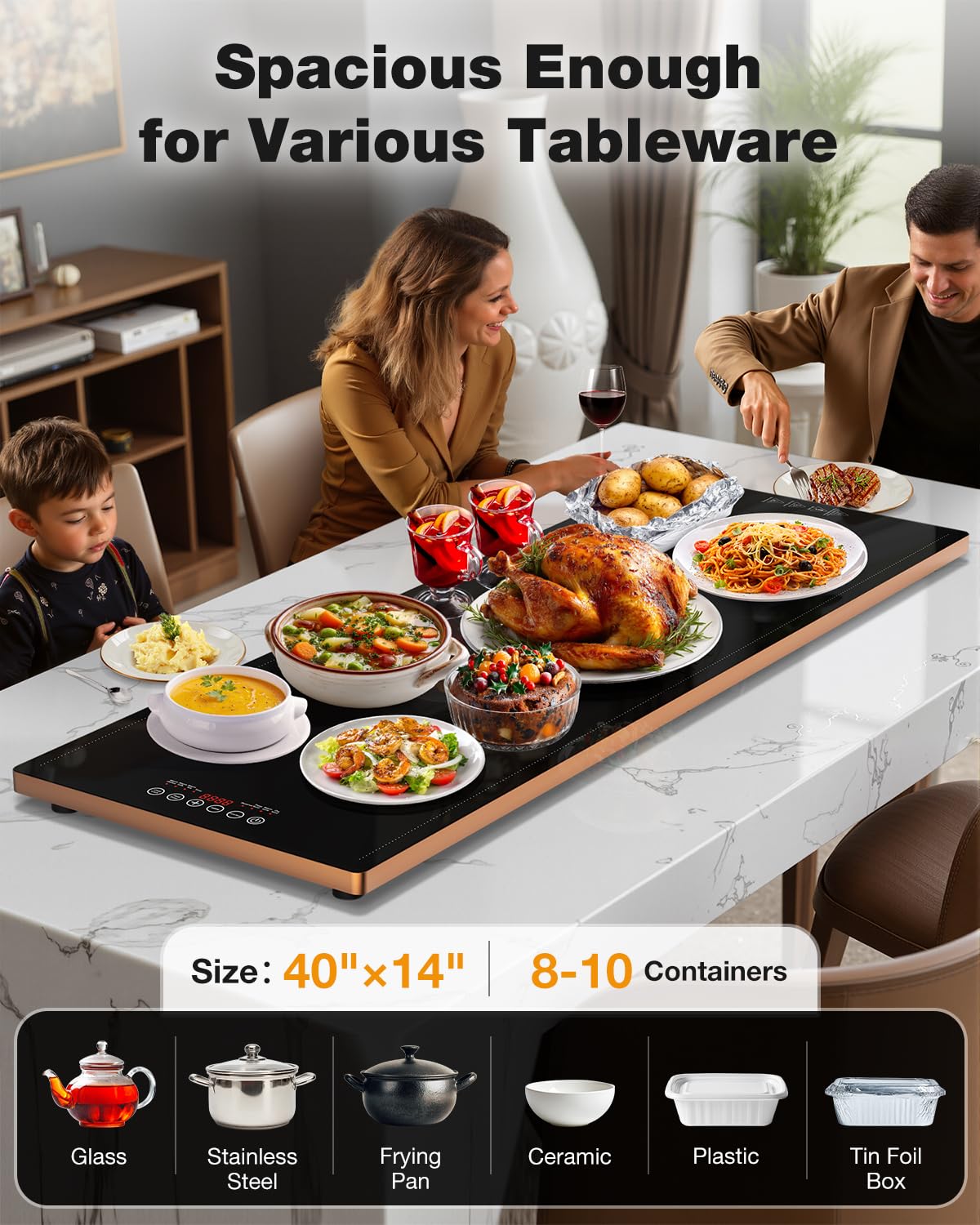 WARMOUNTS Electric Warming Tray (40''×14''), Temperature Control Food Warmers for Buffets Party with Touch-sensitive Buttons and Timer, Full Surface Tempered Glass Top Heating Food Warming Tray