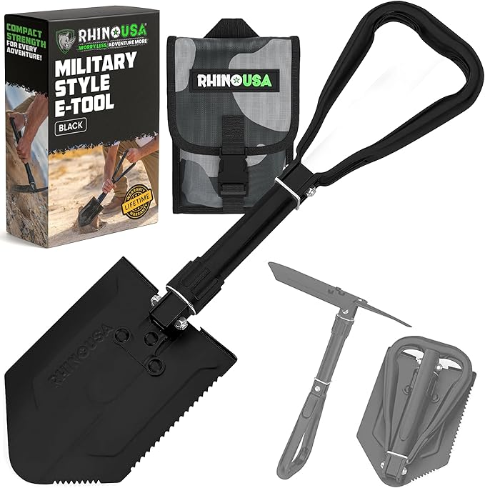 RHINO USA Folding Survival Shovel w/Pick - Heavy Duty Carbon Steel Military Style Entrenching Tool for Off Road, Camping, ...