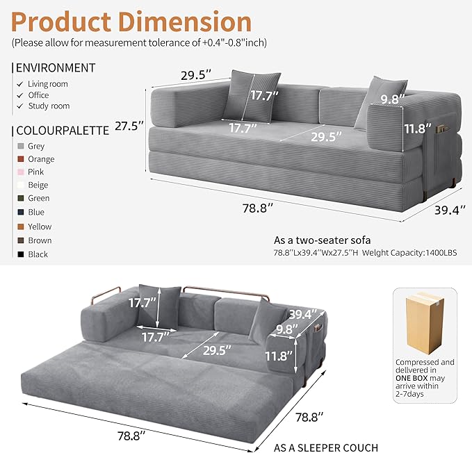 Fancyfire 78.8" Convertible Sofa Bed with Armrest Pillow,4-in-1 Sleeper Couch Bed for Livingroom,Modular Corduroy Boneless couches,No Assembly (Grey)