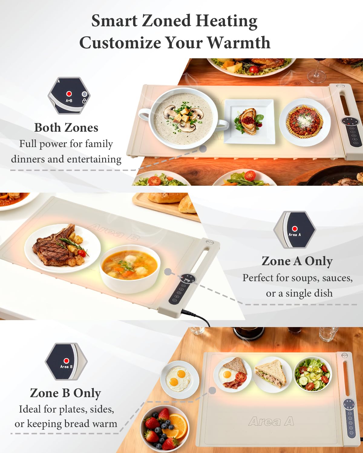 KokoSelene Food Warming Mat, Dual-Zone Heating Mat for Food with 7 Temp & Timer, 10s Fast Heat Flexible Silicone Warmer for Home, Parties, Buffet Serving (Cream-1 PCS)
