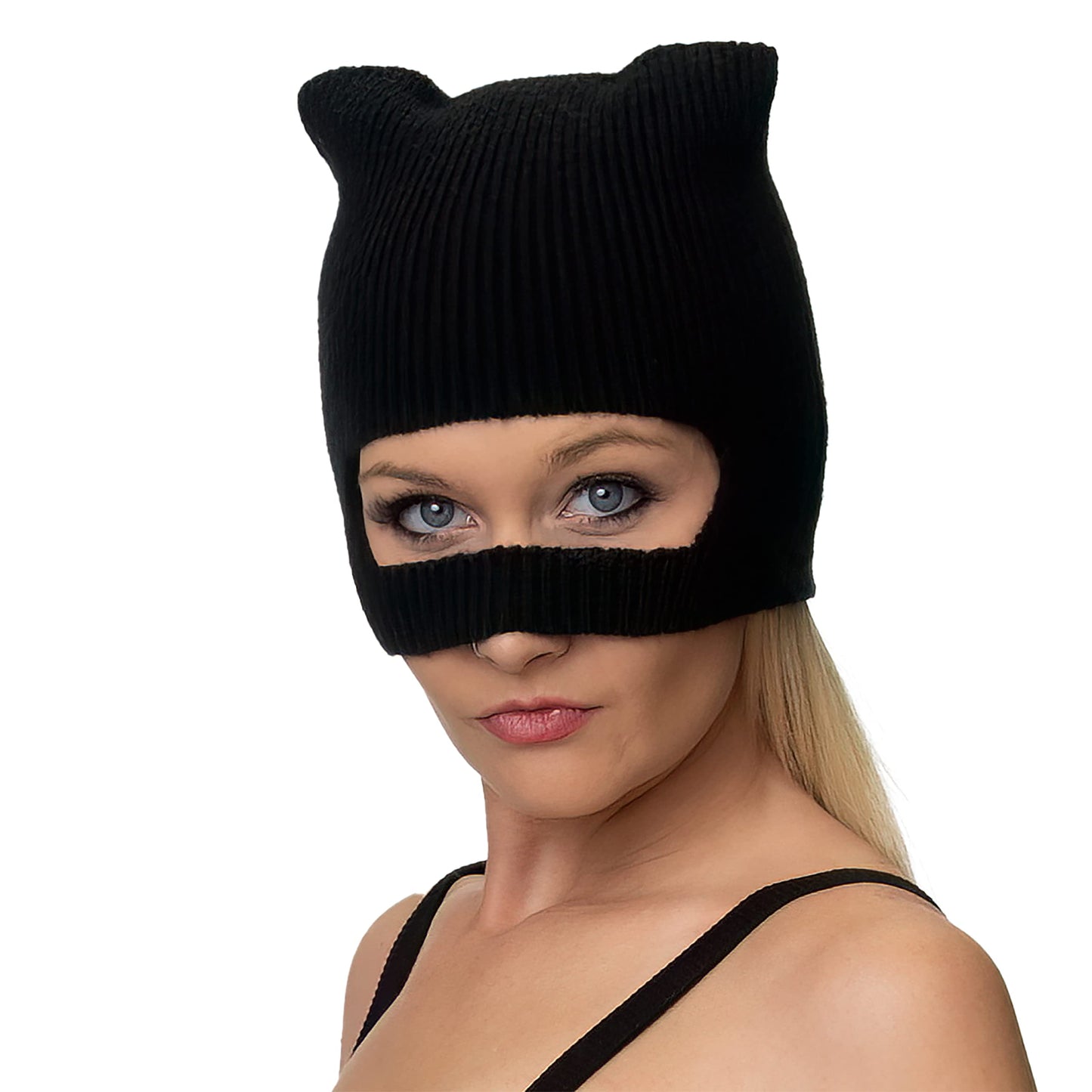 ComfyCamper Catwoman Mask Costume - Halloween Women Woman Girls Adult - Superhero Cat Face Roleplay - Black Knit