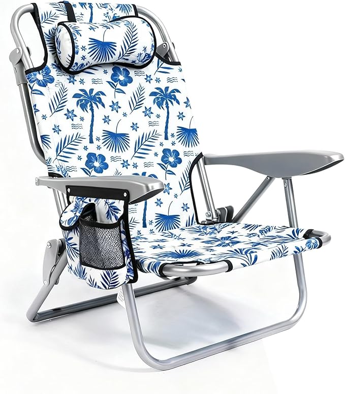 Canpsky Portable Beach Chair for Adults, Outdoor Camping Chair Lay Flat Folding Backpack Beach Reclining Chair with 5 Positions, Headrest, Cup Holder, Heavy Blue Coconut Tree