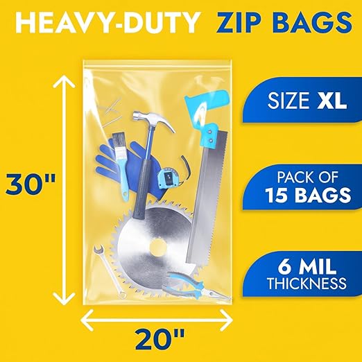 20" x 30" Extra Large Zip Seal Lock Bags, 6 Mil (Pack of 15) – Heavy-Duty Reclosable Plastic Bags – Clear, Resealable, Waterproof – For Storing and Organizing Clothes, Jewelry, and Travel