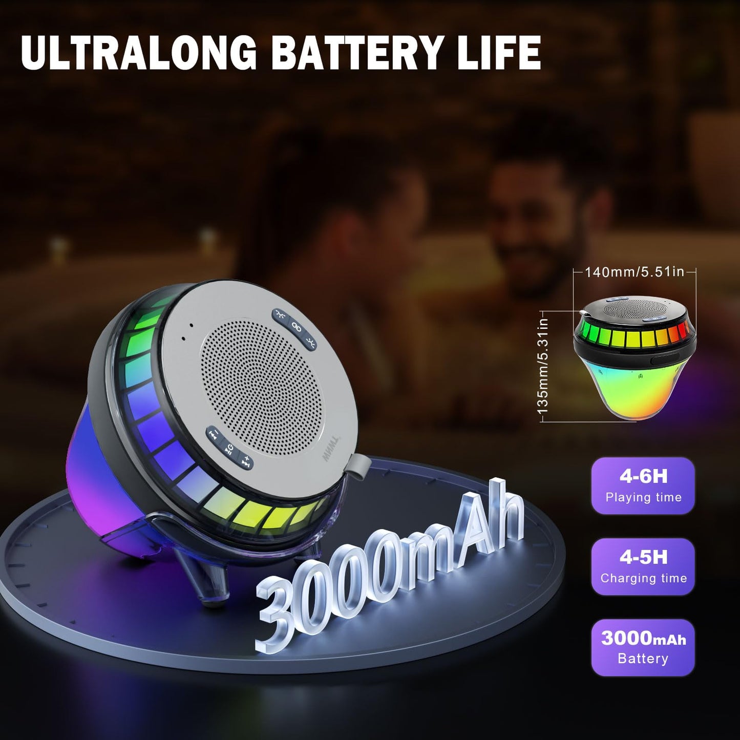 WNWT Floating Speaker for Pool, IPX7 Waterproof Floating Hot Tub Speaker with Colorful Lights, 15W Stereo Loud Sound, TWS, Portable, Wireless Party Gifts for Shower, Spa, Beach