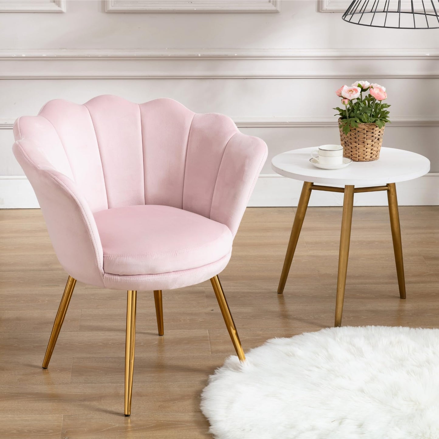 chairus Chair, Mid Century Modern Retro Leisure Velvet Accent Chair with Golden Metal Legs, Vanity Chair for Bedroom Living Room Dresser, Upholstered Guest Chair(Light Pink)