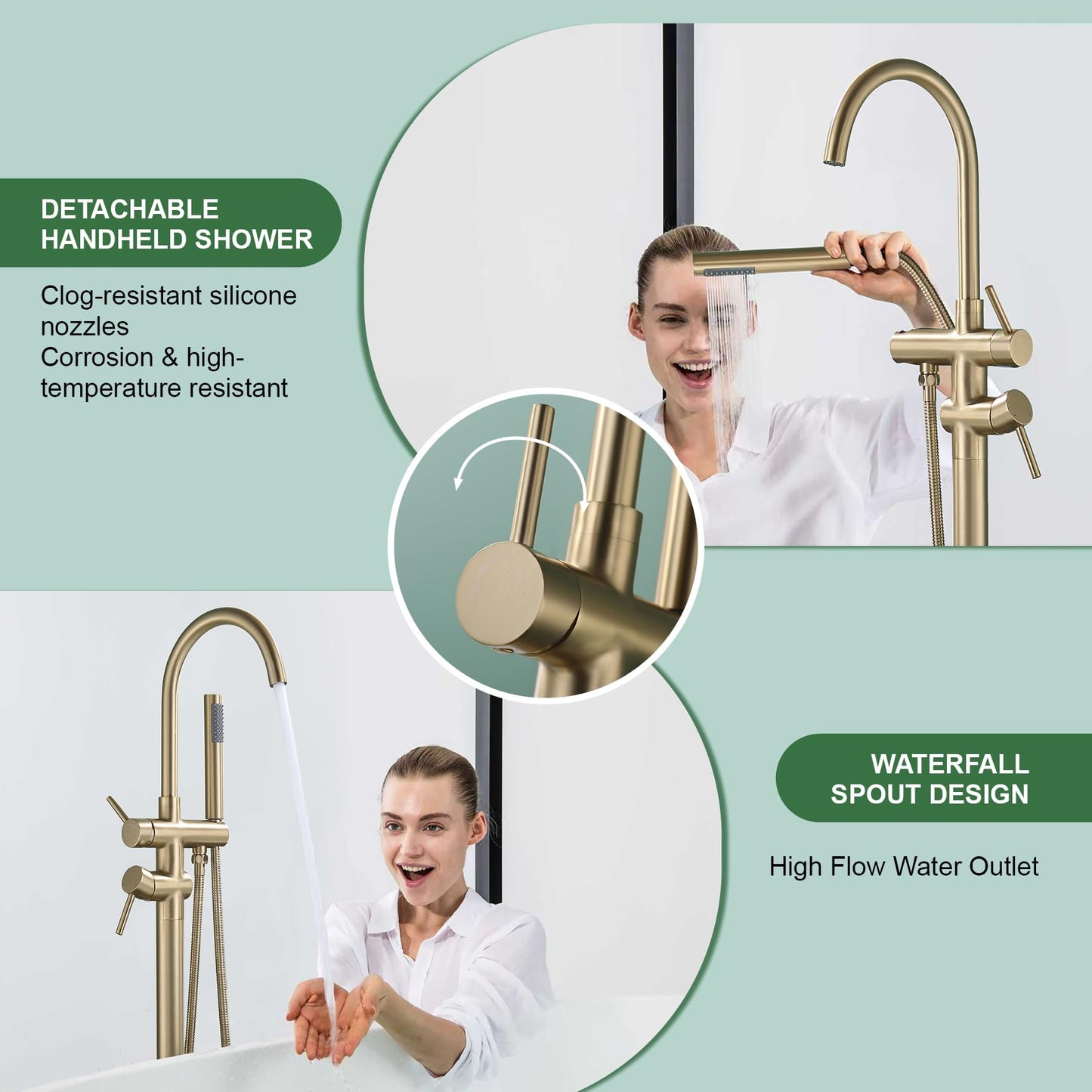 Taplong Brushed Gold Free Standing Tub Faucet Freestanding Bathtub Faucet with Handheld Sprayer, Floor Mount Tub Filler, Shower Tub Faucet Set Complete, Bathtub Faucet with Shower-51005BG